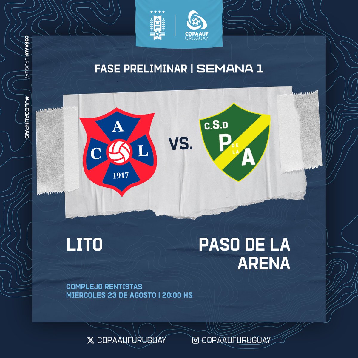 CopaAUFUruguay's tweet photo. ¡𝗛𝗼𝘆 𝗰𝗼𝗻𝘁𝗶𝗻𝘂́𝗮 𝗹𝗮 𝗖𝗼𝗽𝗮! ⚽️
20:00hs.
#CALito 🆚 @paso_arena_sad
📲 Seguí cada encuentro en las redes oficiales de la 🏆🇺🇾.
#JuegaUnPaís https://t.co/szLNWAOQCM