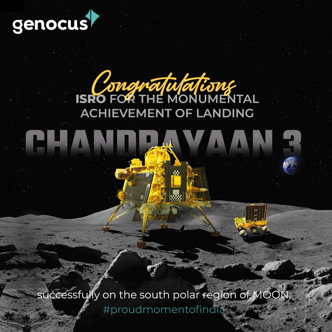genocustech's tweet photo. Today is the day we've all been waiting for!

A Giant leap for India. Congratulations ISRO for the monumental achievement of landing Chandrayaan 3 successfully on the south polar region of Moon.

#chandrayaan3 #proudmomentofindia #vikramlander #isroindia #IndiaOnTheMoon https://t.co/tiLzbH72yL