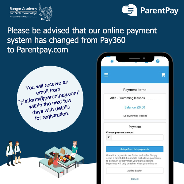 Bangor_Academy's tweet photo. Please be advised that our online payment system has changed from Pay360 to https://t.co/qvE57RQm9Z

You will receive an email from "platform@parentpay.com" within the next few days with details for registration. 🌐>>>https://t.co/2B5X19UPx7 https://t.co/fx3xhDUEyL