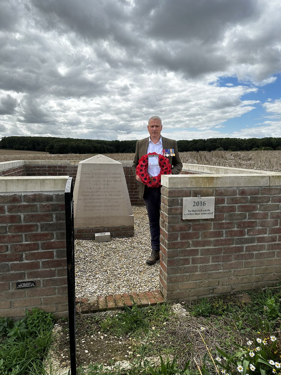 A privilege again to lay a wreath at the Memorial to 2Lt George Marsden-Smedley again as I do each year for the family. He was reported missing on 18 Aug 1916 during the attack on Guillemont and the memorial built at the last place he was seen. @JohnSmedley