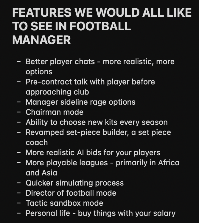 nocontextfm1's tweet image. The real and serious features we would like to see added to Football Manager 2024 ❤️