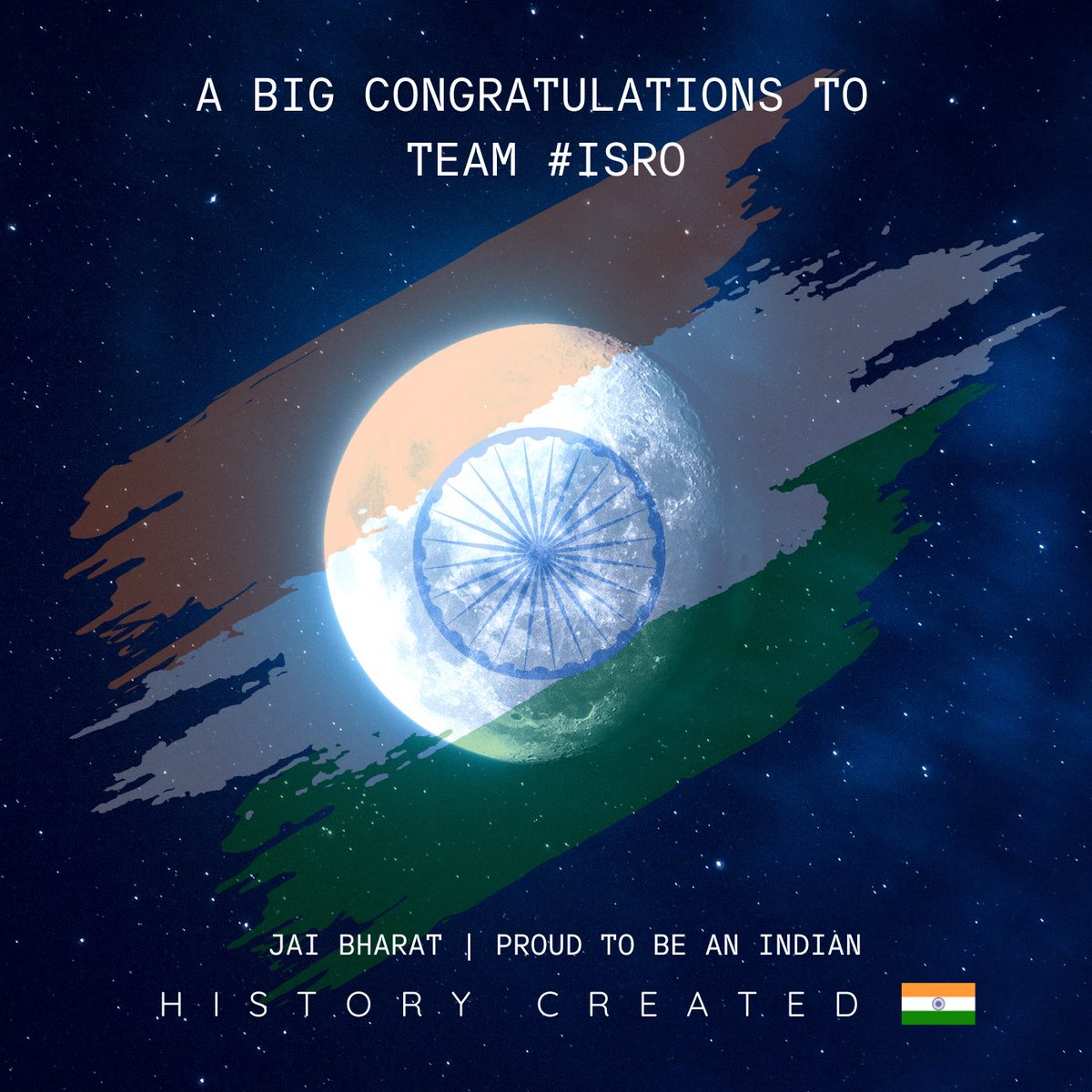 Kudos, <a href="/isro/">ISRO</a> ! An incredible moment of pride for all Indians as we make history together. The first nation ever to conquer the moon's south pole - a remarkable feat achieved by #Chandrayaan3 #VikramLander! Let this groundbreaking achievement inspire us to reach for the stars. 🇮🇳