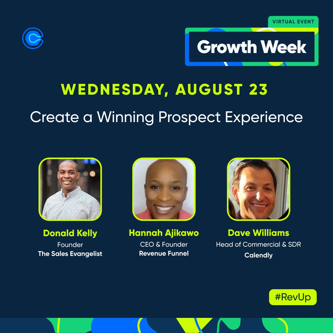 Day 2 of Growth Week is about to begin 🔥

If you're in sales, you won't want to miss these sessions with the pros! ⤵️

It's not too late to join us (it's free!) here: calnd.ly/45gAHib

#RevUp