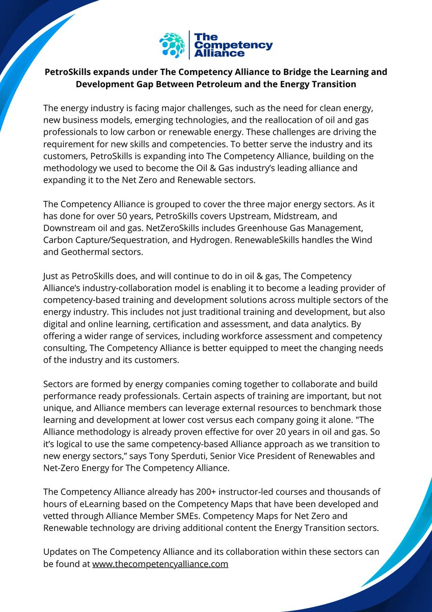 PetroSkills's tweet photo. We are excited to officially announce that PetroSkills is expanding into The Competency Alliance! For more details, read the Press Release below. 

#PetroSkills #pressrelease #oilandgas #TCA #netzero #renewables #expansion #competencytraining https://t.co/SRTY3SAq1I