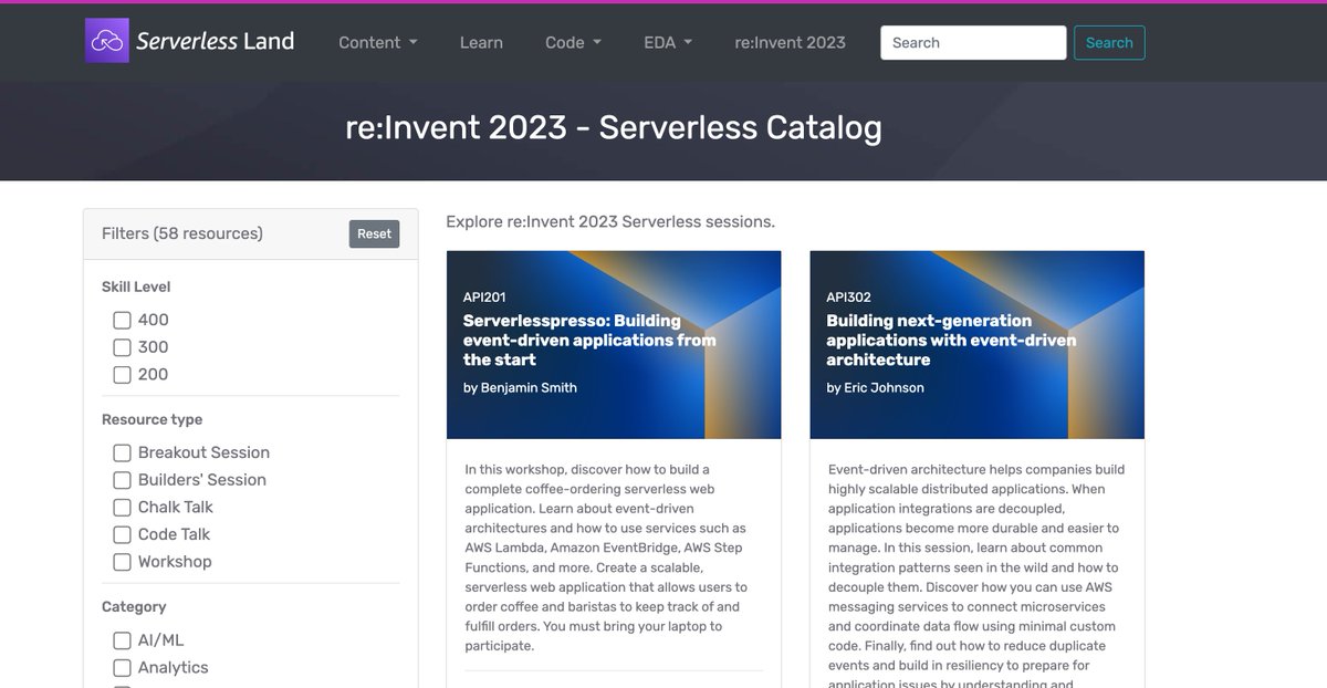 Going to re:Invent 2023? 

Want to quickly find some Serverless sessions and sign up?

I have created this new page to help you find them ❤️

⭐️ Filter by type
⭐️ Filter by skill level
⭐️ Filter by service
⭐️ Filter by category

Hope it helps 🚀
serverlessland.com/reinvent2023