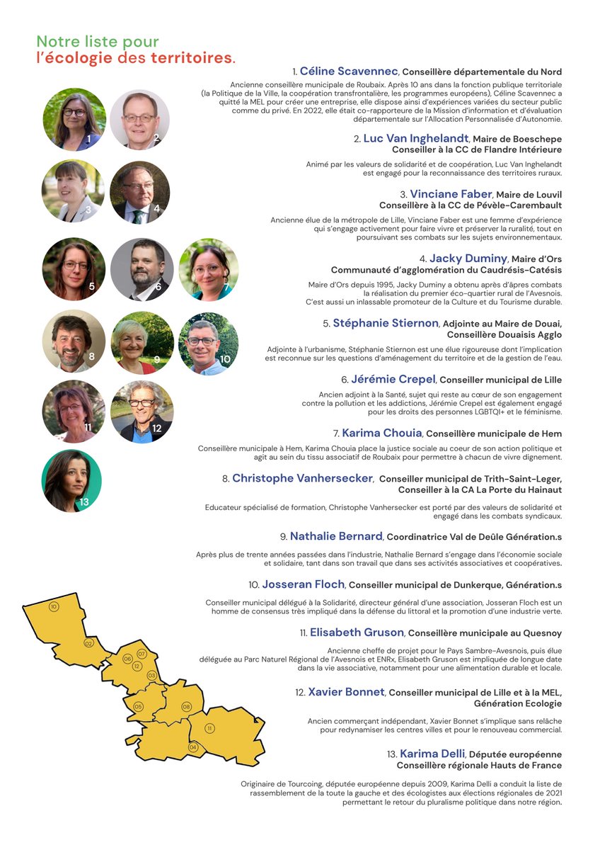 L'Ecologie des Territoires, c'est l'écologie positive et ouverte, c'est l'opportunité de notre temps pour revivifier le Nord, c'est aussi la liste aux Sénatoriales qui nous permettra de regagner une sénatrice écolo dans le Nord.
Présentations 👇