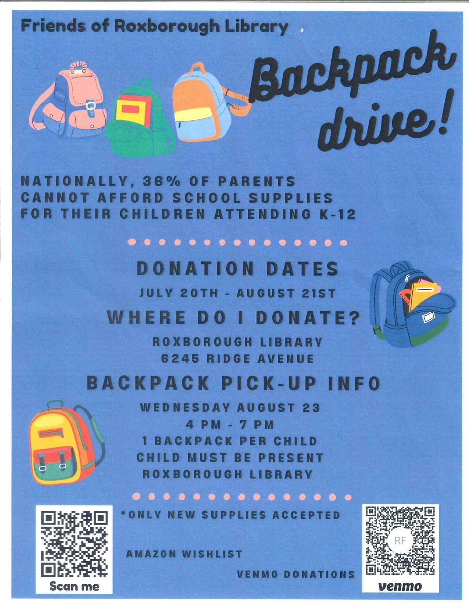 AndorraLibrary's tweet image. TODAY, free backpack giveaway at Roxborough Library! From 4:00 p.m. to 7:00 p.m., all kids present at the Roxborough Library can get a backpack filled with school supplies to get them ready for this new school year.

#BackToSchool
#FreeBackpacks
