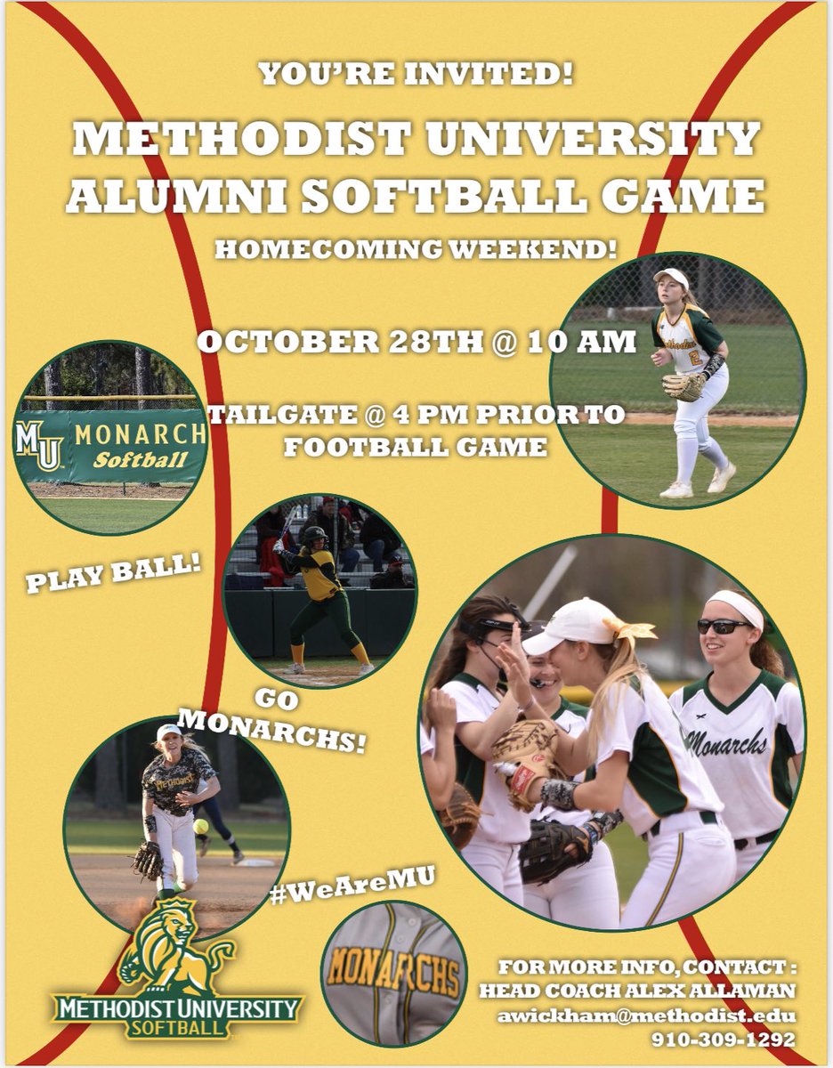 Alumni Game Homecoming Weekend 10am!! The football game is at 6pm. It will be a slow pitch game this year. 
Contact @_coach_alex_ on here, email or text if you plan on being there. Also, let her know what position you’d prefer to play. Hoping to get enough alums to fill 2 teams!