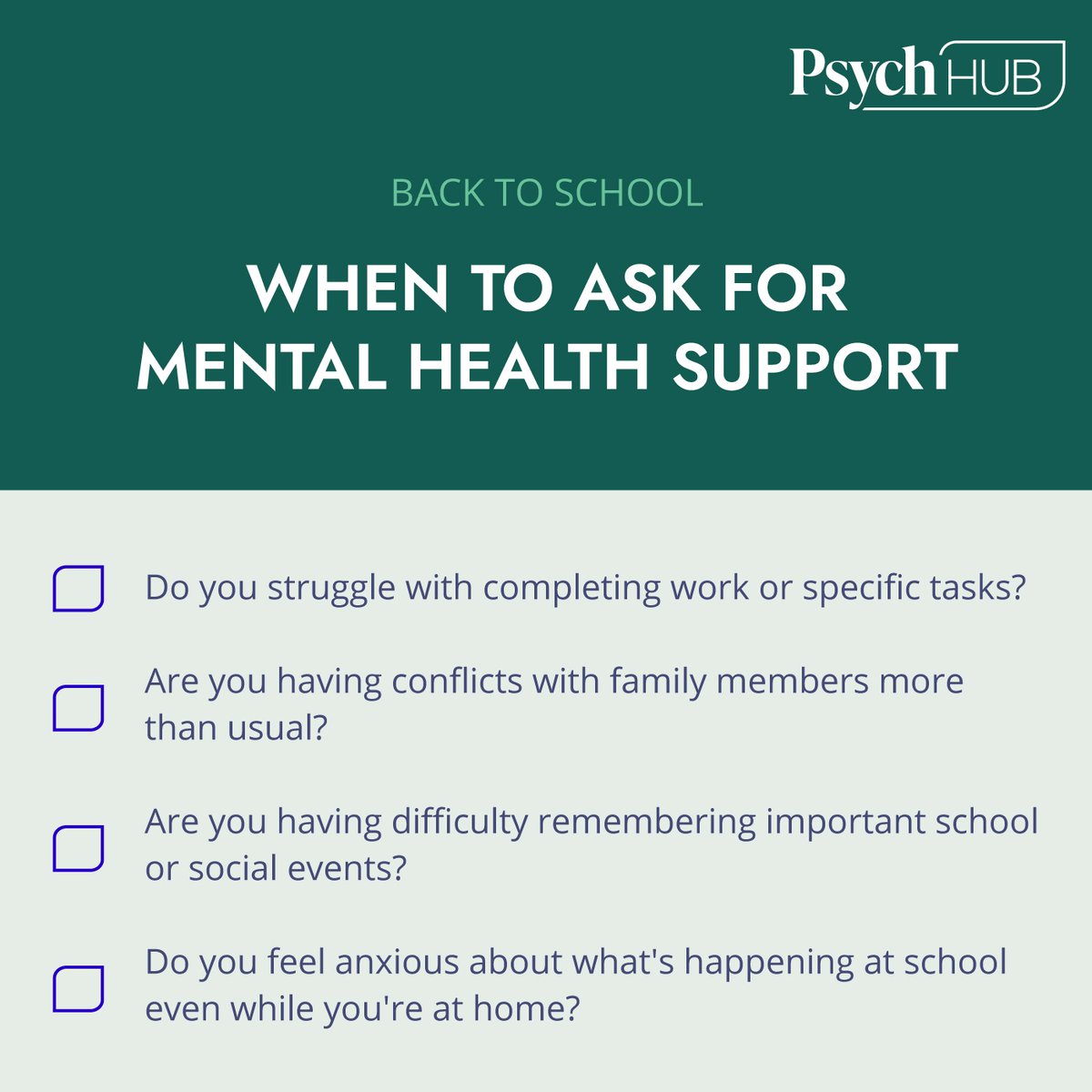 PsychHub's tweet image. If you can relate to any of these questions, know that you are not alone. 

Reach out to a trusted friend, family member, school counselor, or mental health professional who can help you work through challenging situations.