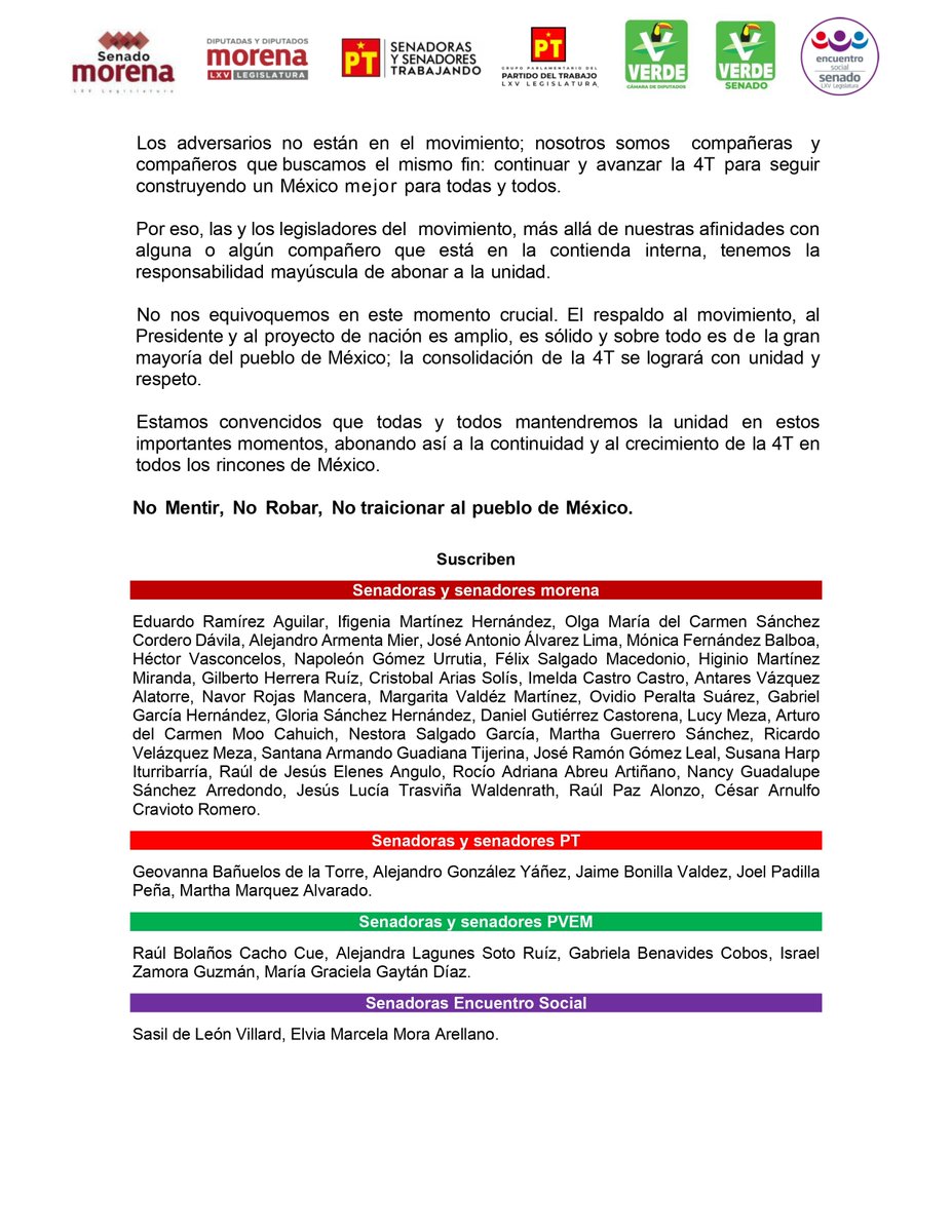 ALEIDAALAVEZ's tweet photo. Legisladoras y legisladores federales de la Cuarta Transformación reiteramos nuestro compromiso 
por la unidad del Movimiento y por la consolidación de la 4T. https://t.co/p5jUnBWtRK