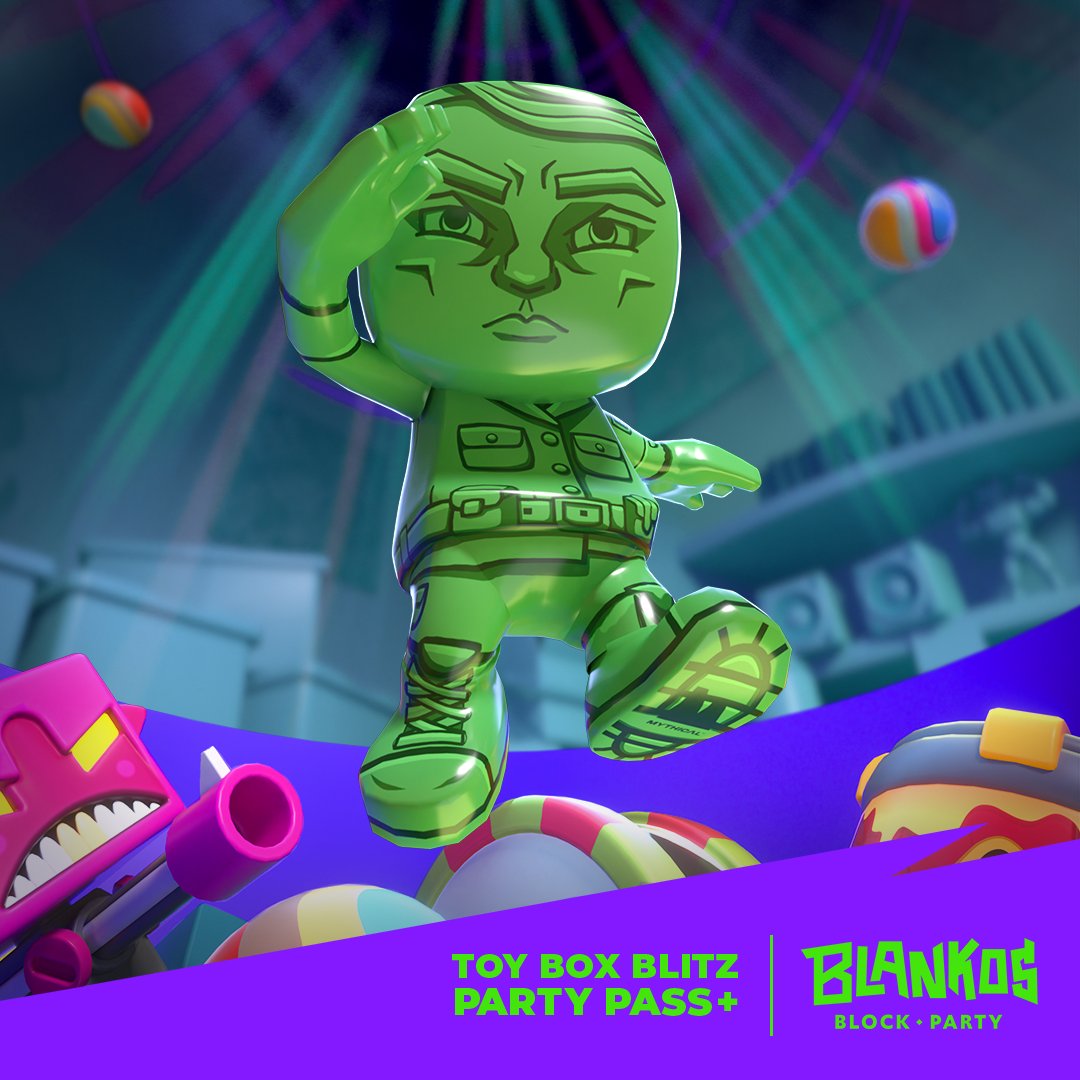 Hey, Party-goers~ With today's release of a new set of Challenges at 10:00 AM PDT / 17:00 UTC, an exclusive Blanko becomes available to earn on TOY BOX BLITZ's PARTY PASS+ track: Little Green Soldier!