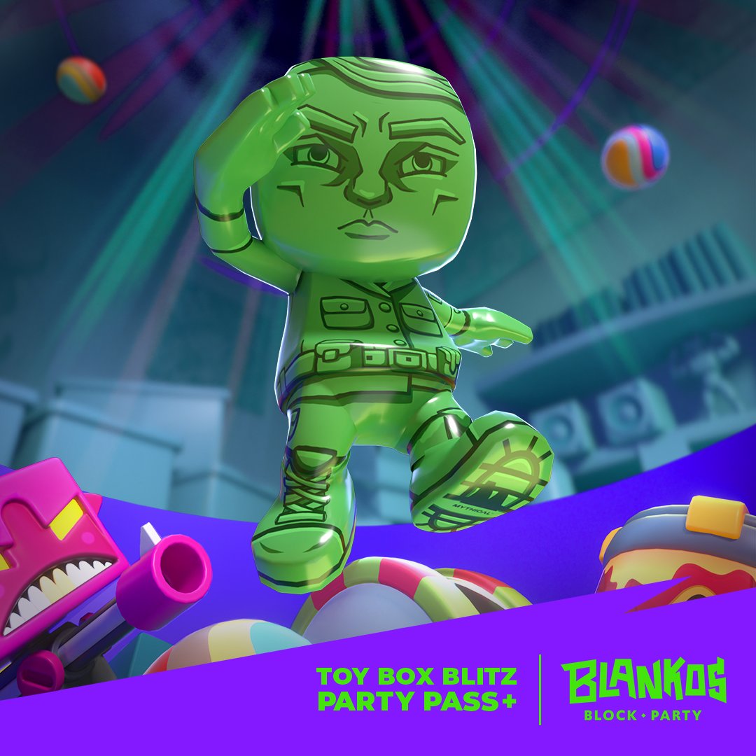 Hey, Party-goers~
With today's release of a new set of Challenges at 10:00 AM PDT / 17:00 UTC, an exclusive Blanko becomes available to earn on TOY BOX BLITZ's PARTY PASS+ track: Little Green Soldier!