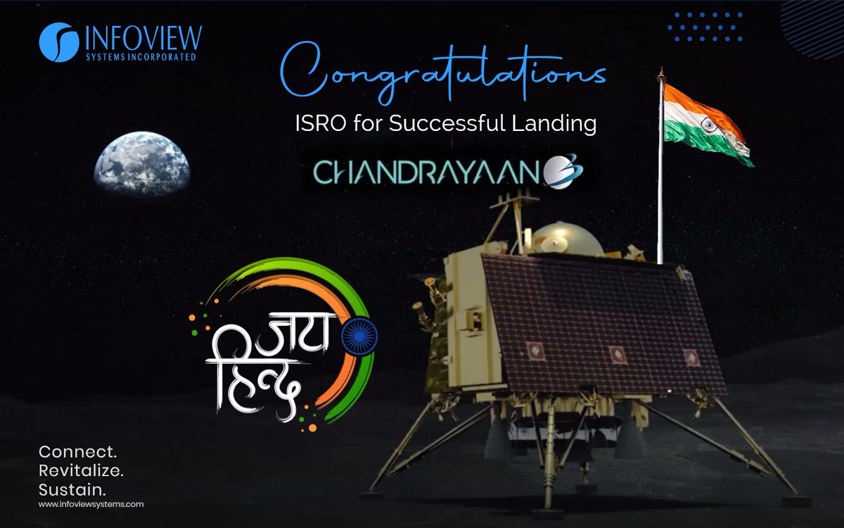 InfoviewSys's tweet photo. Congratulations to Respected ISRO scientists to great success of CHANDRAYAN - 3, Jai Hind. It is pride moment!
#Chandrayaan3 #MoonMission #InterplanetaryExploration #ISROMissions #ISRO #isrolive https://t.co/bTSnLs8lel