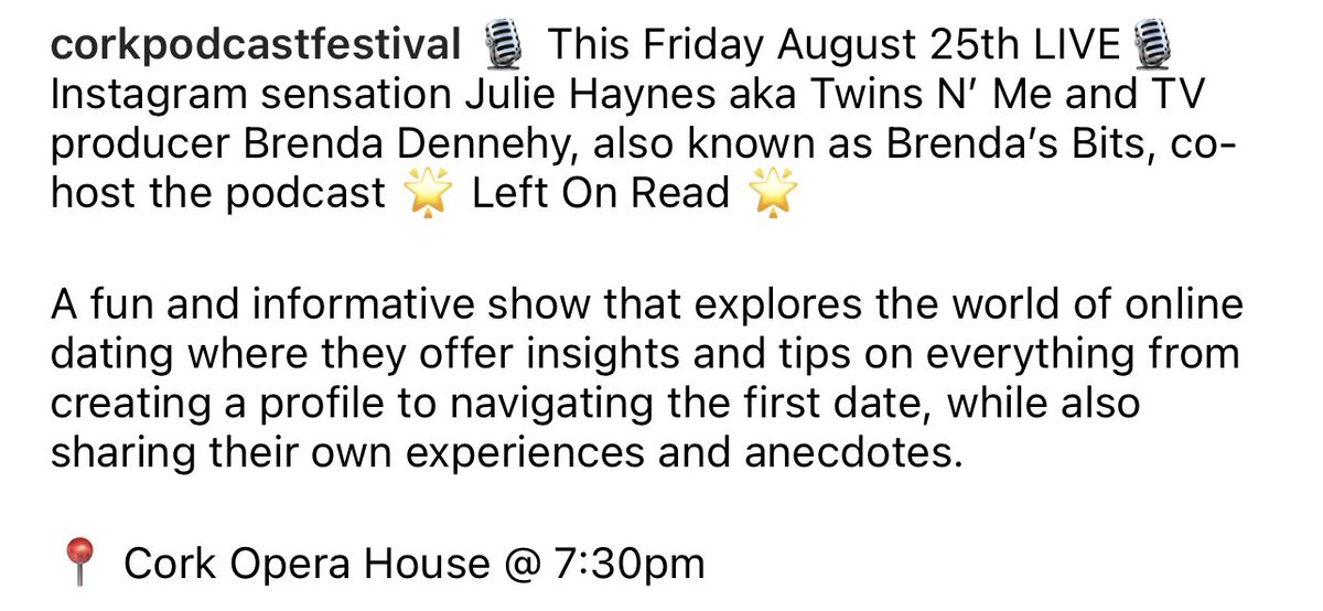 🎙️ LEFT ON READ 🎙️ This Friday <a href="/CorkOperaHouse/">Cork Opera House</a> the hilarious Julie Hynes and Brenda Dennehy are LIVE ~ get your tickets now ➡️ corkpodcastfestival.ie/left-on-read/