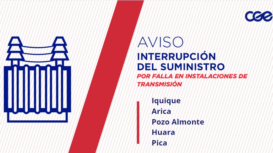 Informamos a los clientes de #Iquique, #Arica, #PozoAlmonte, #Huara y #Pica, que la interrupción de suministro de debe una falla en instalaciones de transmisión de una empresa ajena a CGE. Estamos en coordinación con el propietario de las instalaciones y a la espera de mayor