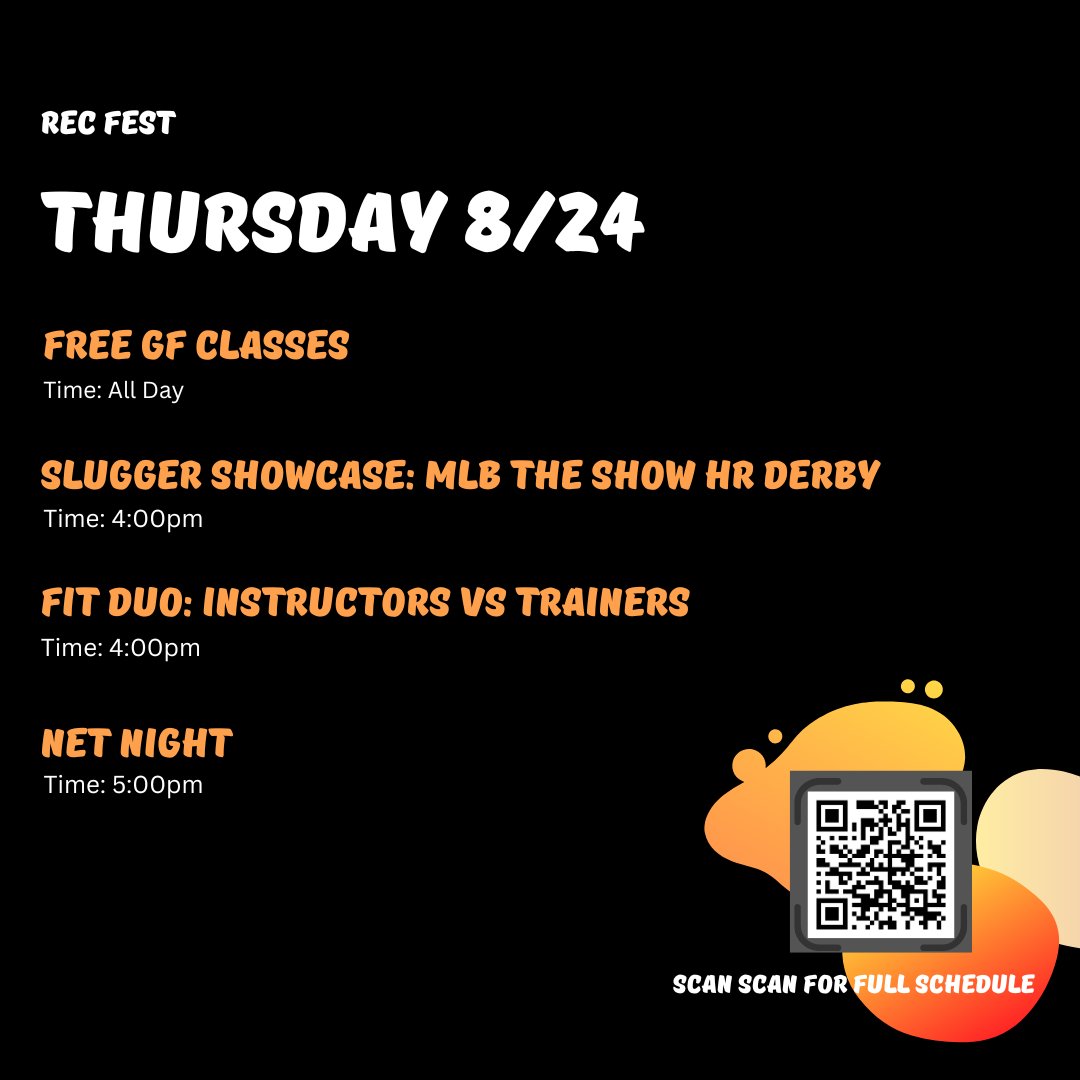 UNTRecSports's tweet image. Day 4 of Rec Fest!! Scan the QR code for more details on each event

#RecFest2023 #unt #RecFest2022 #GetExcited #QRCode #EventDetails #UniversityofNorthTexas #UNTLife #CollegeEvents #CampusLife #FitnessEvents #SportsEvents #OutdoorActivities