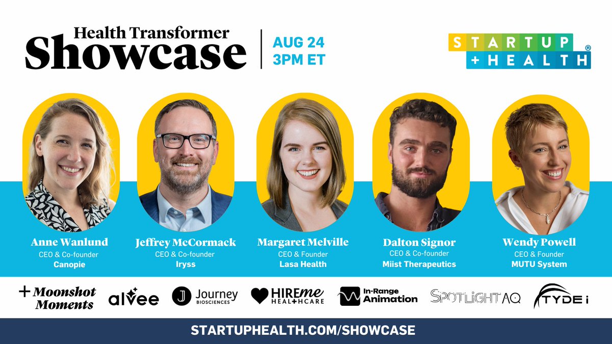 TOMORROW is our August Health Transformer Showcase featuring #HealthTransformers from @Canopiehealth, @helloiryss, @LasaHealth, Miist Therapeutics, and @mutusystem. See you TOMORROW @ 3 PM ET! 

Request a last-minute invitation here ⤵️ 
ow.ly/KGBb50PBCtm