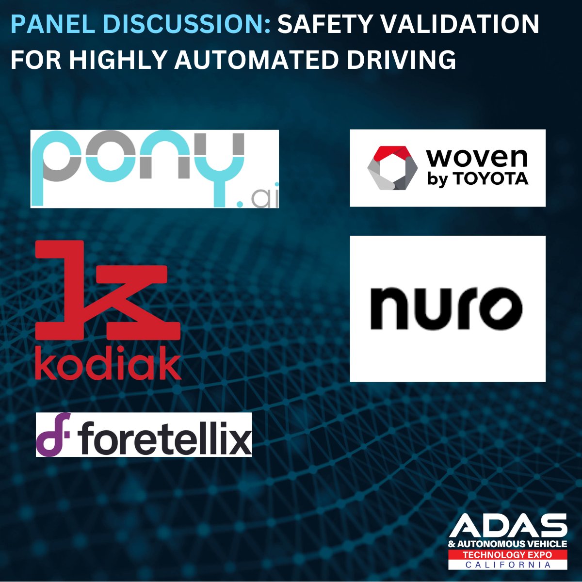 ADAS & AUTONOMOUS VEHICLE TECHNOLOGY EXPO CA (@avtexpousa) on Twitter photo Just announced! New panel discussion on 'Safety Validation for Highly Automated Driving' ft <a href="/Woven_Toyota/">Woven by Toyota</a>, <a href="/PonyAI_tech/">Pony.ai</a>, Kodiak, <a href="/nuro/">Nuro</a> & <a href="/ForetellixHQ/">Foretellix</a> โ Sept 20, Santa Clara Convention Center ๐ซ bit.ly/44oOumG
Book a conference pass: bit.ly/44rZGze Just announced! New panel discussion on 'Safety Validation for Highly Automated Driving' ft <a href="/Woven_Toyota/">Woven by Toyota</a>, <a href="/PonyAI_tech/">Pony.ai</a>, Kodiak, <a href="/nuro/">Nuro</a> & <a href="/ForetellixHQ/">Foretellix</a> โ Sept 20, Santa Clara Convention Center ๐ซ bit.ly/44oOumG
Book a conference pass: bit.ly/44rZGze