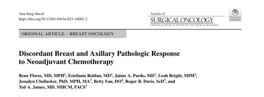 Rene Flores, MD, MPH (@reneflorescarde) on Twitter photo Happy to share our most recent publication, where we talk about specific patient and tumor related factors associated with a higher likelihood of a discrepant breast-axillary response to NAC.
A joint effort from our excellent team under the leadership of <a href="/DrTedJames/">Boston Breast Surgeon</a>
ππ»ππ»ππ»ππ» Happy to share our most recent publication, where we talk about specific patient and tumor related factors associated with a higher likelihood of a discrepant breast-axillary response to NAC.
A joint effort from our excellent team under the leadership of <a href="/DrTedJames/">Boston Breast Surgeon</a>
ππ»ππ»ππ»ππ»