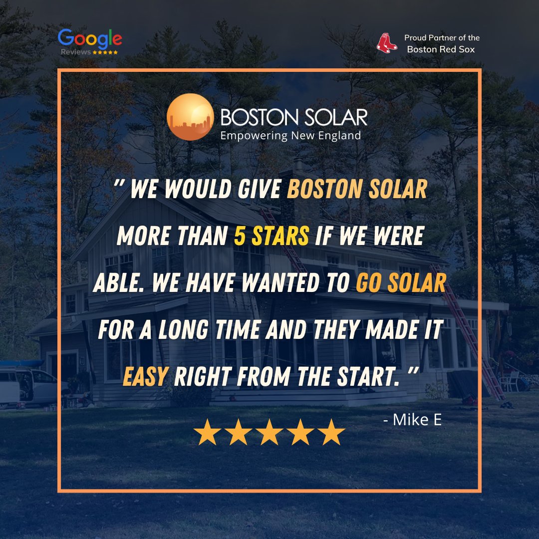 BostonSolarCo's tweet photo. Our first 6-star review? ⭐ Thank you, Mike E for the awesome 5-star review!

We are thankful you went with us on your #solar journey, and we will be with you every step of the way! 

Boston Solar Empowering New England ☀️

#solarreview #bostonsolar #solar #solarenergy https://t.co/sc6l3aiLLA