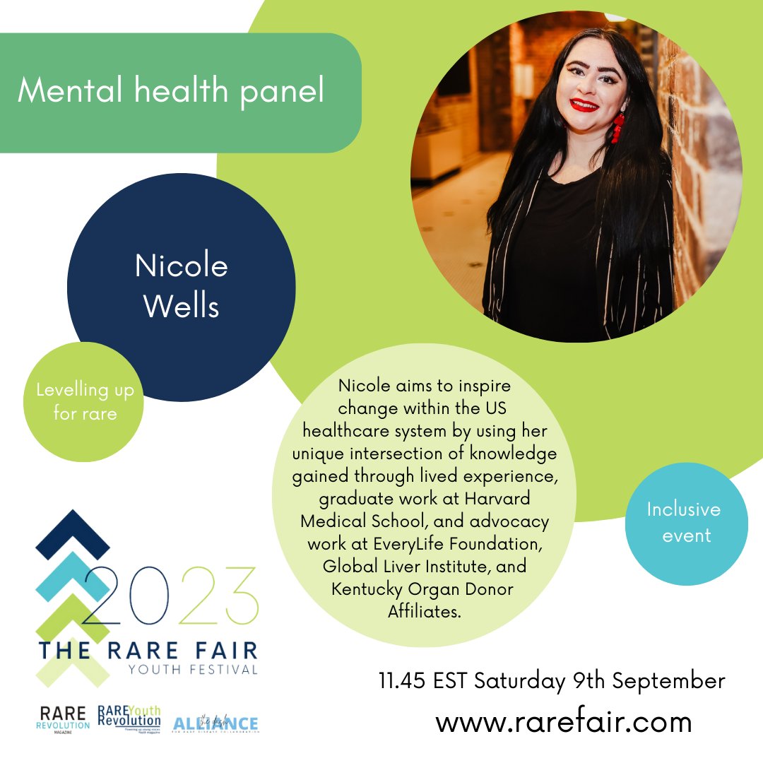 RareRevolutionM's tweet photo. Our next panellist for mental health is Nicole Wells!
Visit https://t.co/qmaT8JEl5f or reach out to us at chelsea@rareyouthrevolution.com
#TheRareFair23 #LevellingUpforRare #TheYouthFestival #RareDisease #MentalHealth #MentalHealthPanel https://t.co/8ieBhnT8Mg