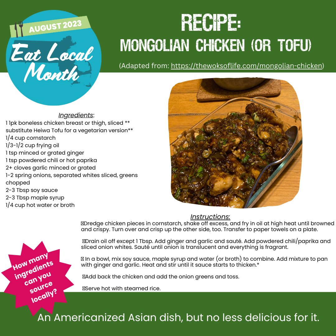 You know what day it is! RECIPE WEDNESDAY. Try out this Americanized Asian dish. Crispy chicken, in a sweet &amp; spicy sauce, Mongolian Chicken is so easy to make! Get some chicken from <a href="/Stillmanmeats/">StillmanQualityMeats</a> or make it vegetarian with Heiwa Tofu #eatlocalma #eatlocalmonth #localgreenfair