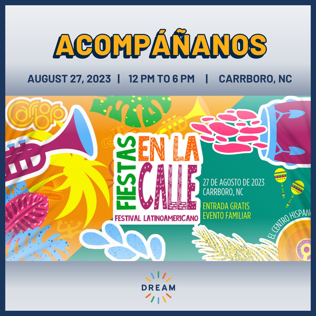 dreamuncdps's tweet photo. Este domingo en Carrboro, visítanos mientras promocionamos el Programa DREAM en las "Fiestas en la Calle 2023", patrocinadas por @elcentrohispanonc 

This Sunday in Carrboro, join as we promote the DREAM Program at the “Fiestas en la Calle 2023” sponsored by El Centro Hispano. https://t.co/lbqRQ2QZIS