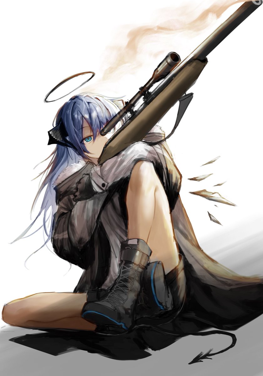 mostima (arknights) 1girl solo weapon horns gun halo blue hair  illustration images