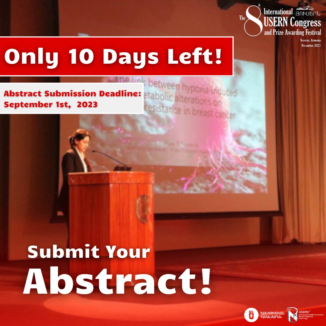 ⭕️ Only 10 days left until the deadline for submitting abstracts to the 8th International USERN Congress and Prize Awarding Festival! 🟢 To submit an abstract, click here: (docs.google.com/forms/d/e/1FAI…) 🔴 Abstract submission deadline: September 1st, 2023 🌐 userncongress.com