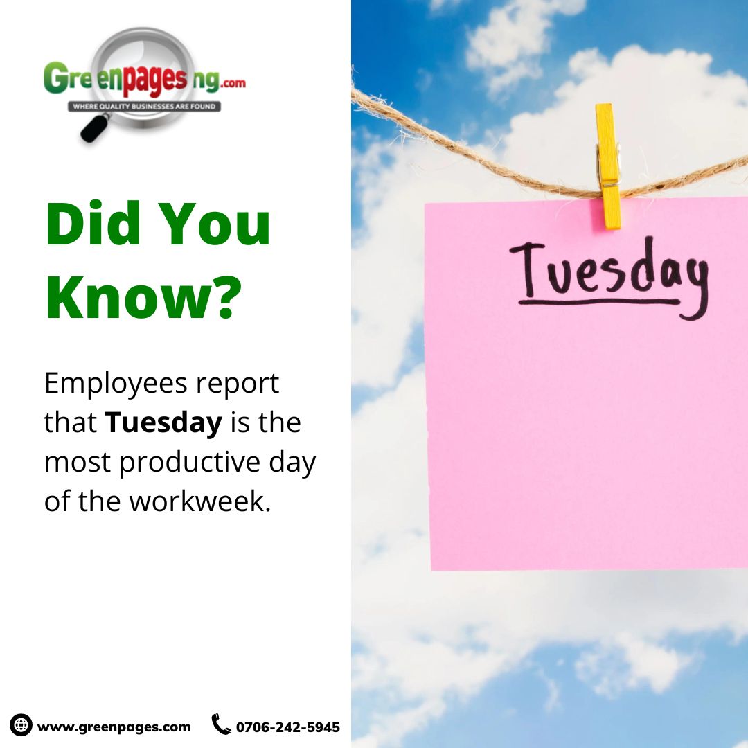 Greenpagesng's tweet photo. 💼 Tuesday vibes got me feeling productive and ready to conquer the week! 🙌 Who else agrees that Tuesday is the real MVP of the workweek? Share your thoughts below! ⬇️ 

#TuesdayVibes #ProductivityQueen #ConquerTheWeek #WorkHardPlayHard https://t.co/nrz9r8g16r
