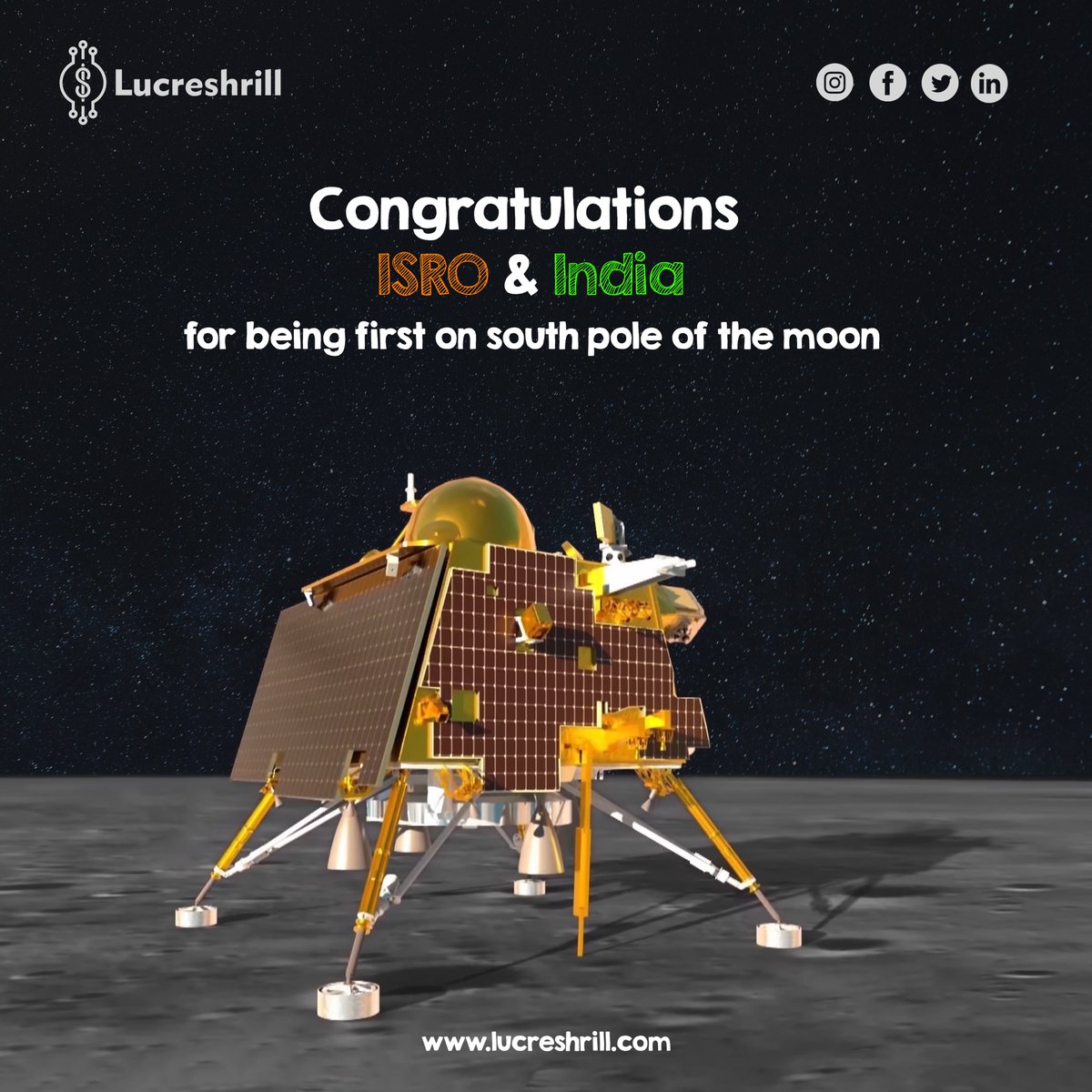 lucreshrill's tweet photo. Congratulations! ISRO &amp; India for being first on south pole of the moon.

#Chandrayaan3 #isro #india https://t.co/jZmKptMXhn