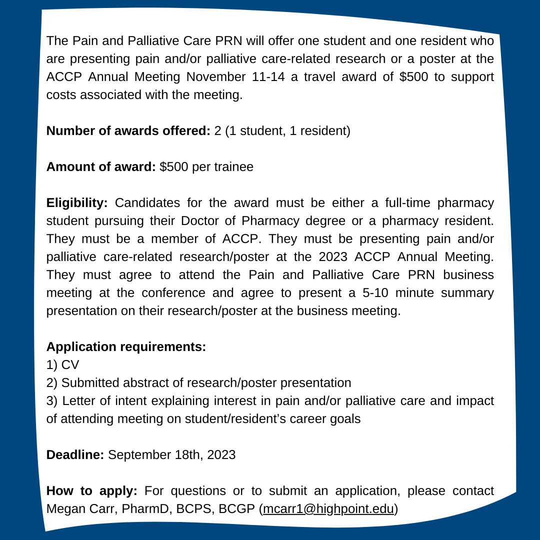 📢 Calling all trainees presenting pain or palliative care research at #ACCPAM23! #PPCPRN is offering two $500 travel awards for trainees. 

‼️ Apps are due September 18th, 2023 ‼️ 

More details below 👇