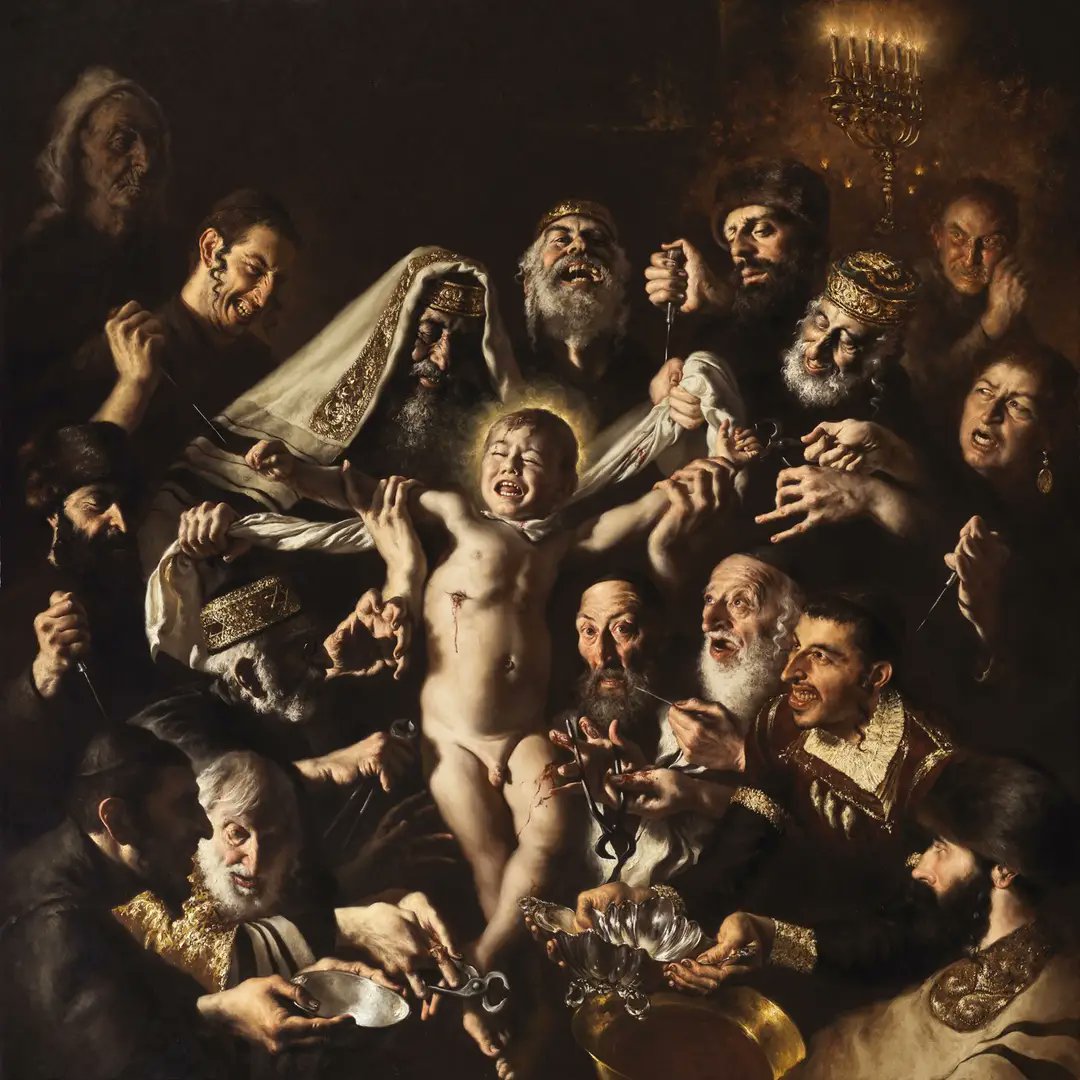 Thekeksociety „Męczeństwo św. Szymona z Trydentu za żydowski mord rytualny”, na którym widać kilku uśmiechniętych Żydów pobierających krew z ciała dziecka. Giovanni Gasparro