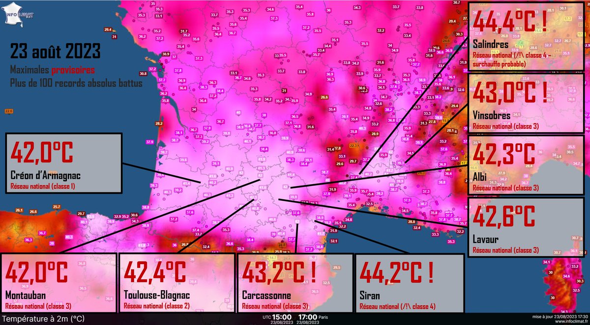 La France vient de vivre une journée... incroyable ! Plus de 100 records absolus ont été soufflés par la #canicule. Plus de 40°C sur plus de 200 stations. Jusqu'à 43°C sur des stations fiables.
Je... Je ne sais plus quoi dire. Je suis très inquiet pour la production agricole.