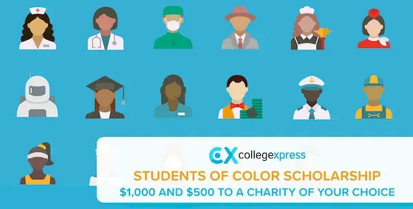 CXCounselors's tweet image. 💰SCHOLARSHIP SPOTLIGHT💰 
Students of Color Scholarship
Award: $1,500 + $500 to charity of choice
Question: What's your dream career to pursue after high school?
Deadline: September 30
Enter today: buff.ly/45uxvzI 
#scholarships #POC #studentsofcolor #financialaid #money