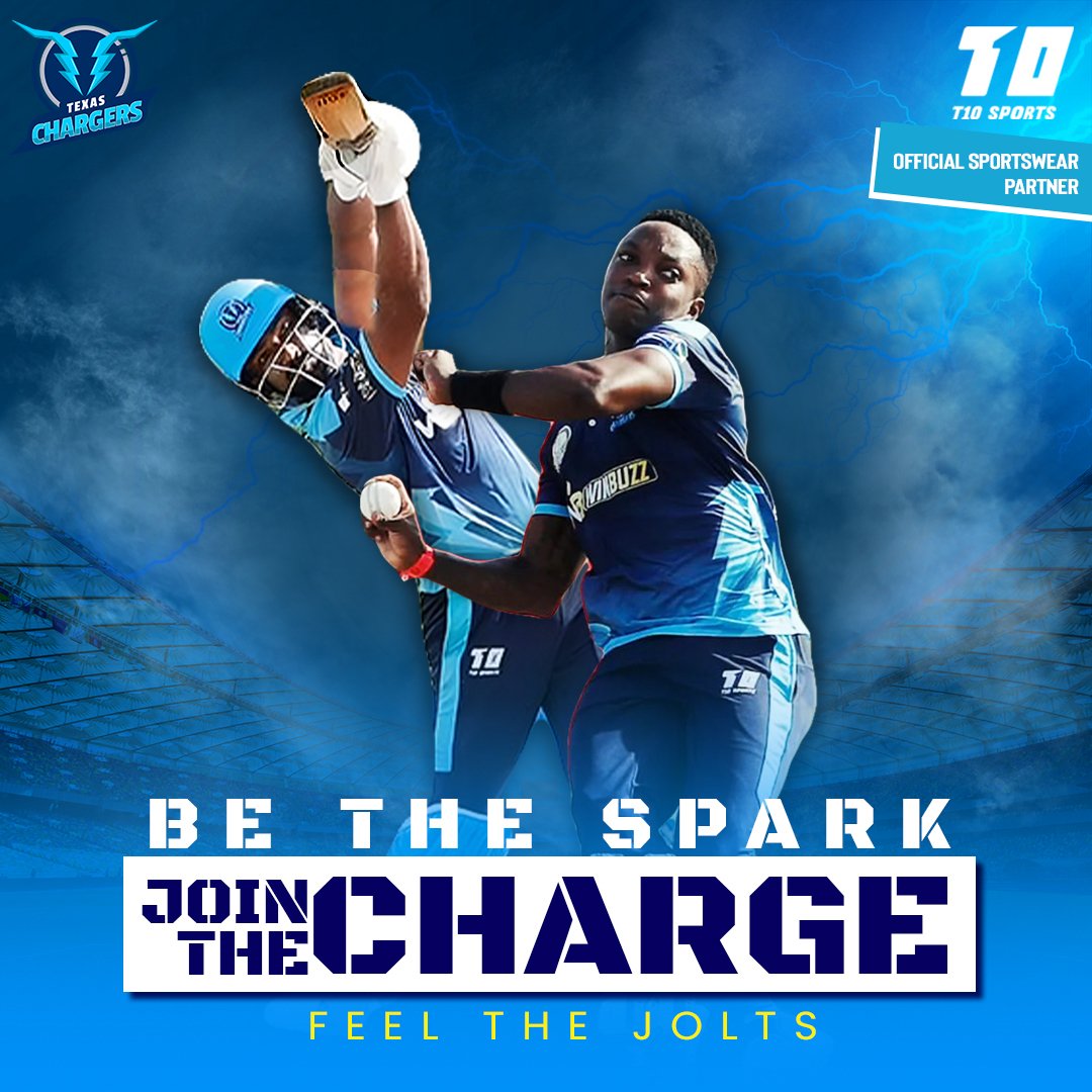 Cheer for the boys at @TChargerst10. ⚡⚡

Let them feel the jolts of the fans. ⚡ 💪

T10 Sports - Official Sportswear Partner.

#TaxasChargers #USACricket #USMastersT10 #ChargingtoVictory #Cricket #USAMasters #Sports #T10 #T10Sports