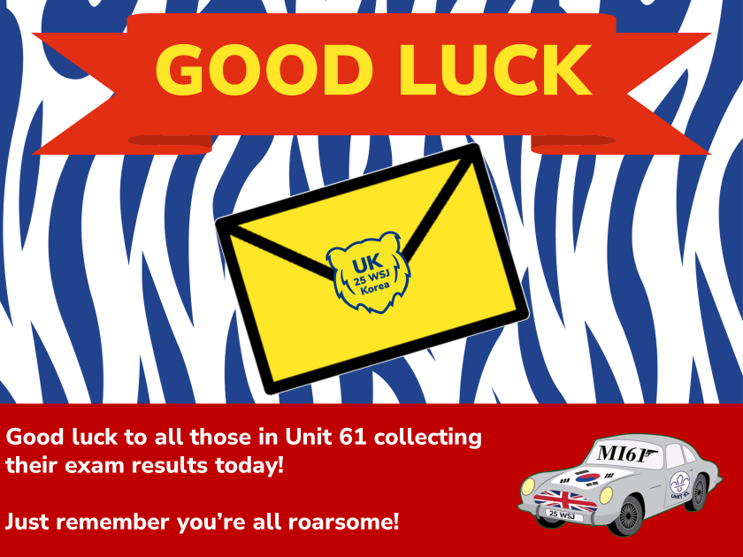 25wsj_unit61's tweet photo. Good luck to all those in Unit 61, joining others around the country, in collecting your exam results.

Just remember you're all roarsome !

#UK25WSJ #DreamWild #DrawYourDream
#Unit61 #MI61 #Hampshirescouts #SouthLondonScouts
#UkContingent #DreamWild #wsj2023  #GCSEs #welldone https://t.co/AJnDsouFrS