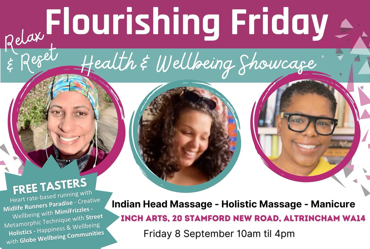 FlourishCIC's tweet photo. Still time to book onto our first #FlourishingFriday after the summer break on Friday 8th September @Inch_Arts #Altrincham come and Relax and Reset !! https://t.co/WNiYAfN1w7 https://t.co/LHrYQHl546
