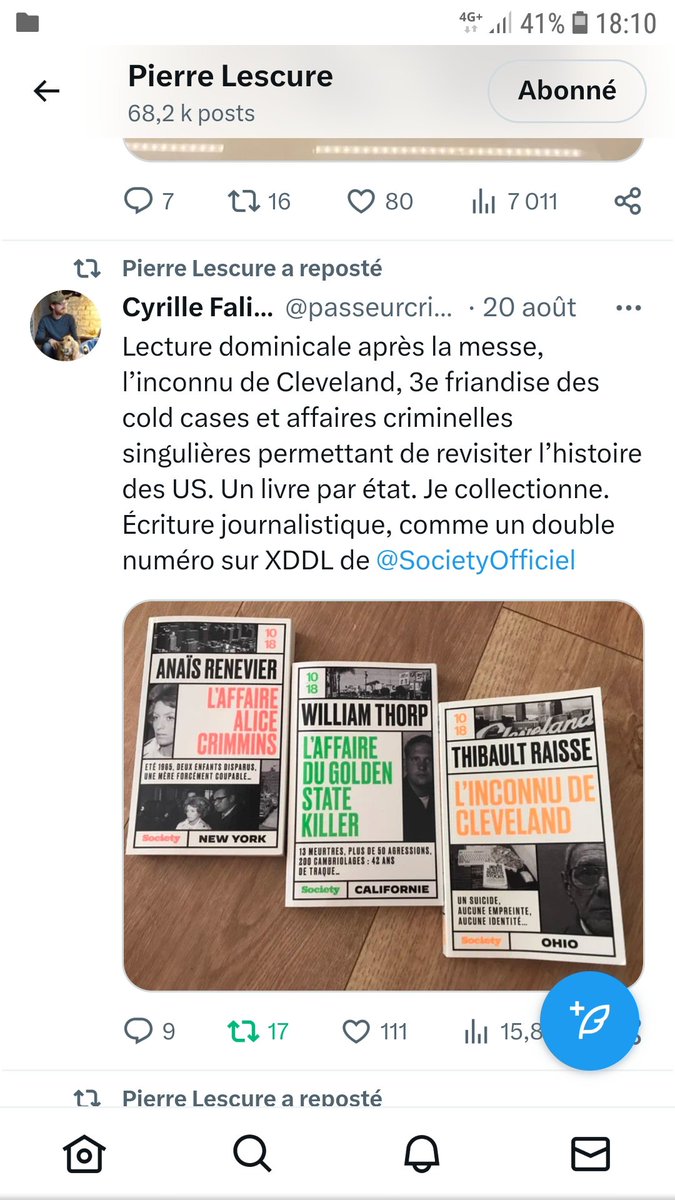 Partage d'excellentes lectures par d'excellents lecteurs <a href="/pierrelescure/">Pierre Lescure</a> <a href="/passeurcritique/">Cyrille Falisse</a> #linconnudecleveland de <a href="/TiboRaiss/">Thibault Raisse</a> <a href="/Editions1018/">Editions 10/18 📚</a>