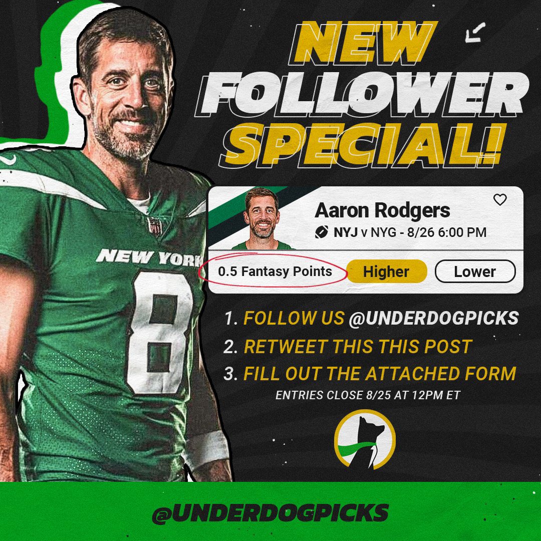 Aaron Rodgers .5 yards special! 
Follow <a href="/UnderdogPicks/">Underdog Picks</a>, retweet their tweet: x.com/underdogpicks/…, and fill out the form below to get the special! : forms.gle/82U9d5rxEFuSvN…
Code ZIRK matches your first deposit up to $100 :) play.underdogfantasy.com/p-zirksee