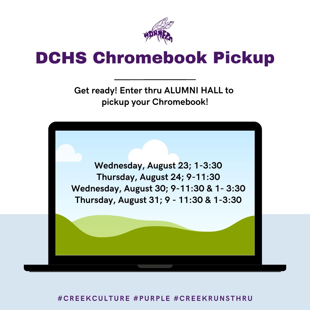 DCHHornets's tweet photo. Let’s go HORNETS! Time to get your 💻! Check out the days & times. Make a plan. Come and get it! #CREEKCulture #CREEKrunsthru #purple #GameonCPS https://t.co/vqanc0uvq3