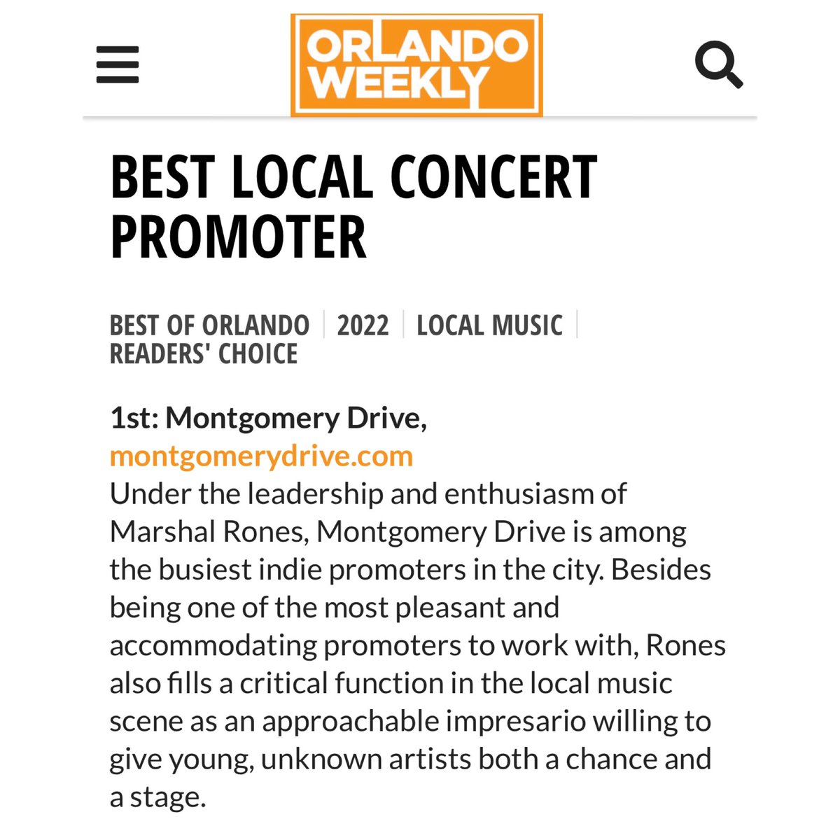 MontgomeryDrive's tweet photo. 2 Years in a row✌️TYSM Orlando.

This category didn’t exist until last year. 

To be voted into the top spot the first year + once again this year is humbling.

Grateful for the artists, venues, &amp; staff/crew we have the pleasure &amp; privilege of working with. THANK YOU <4 (heart+1) https://t.co/NXijVGDrZU