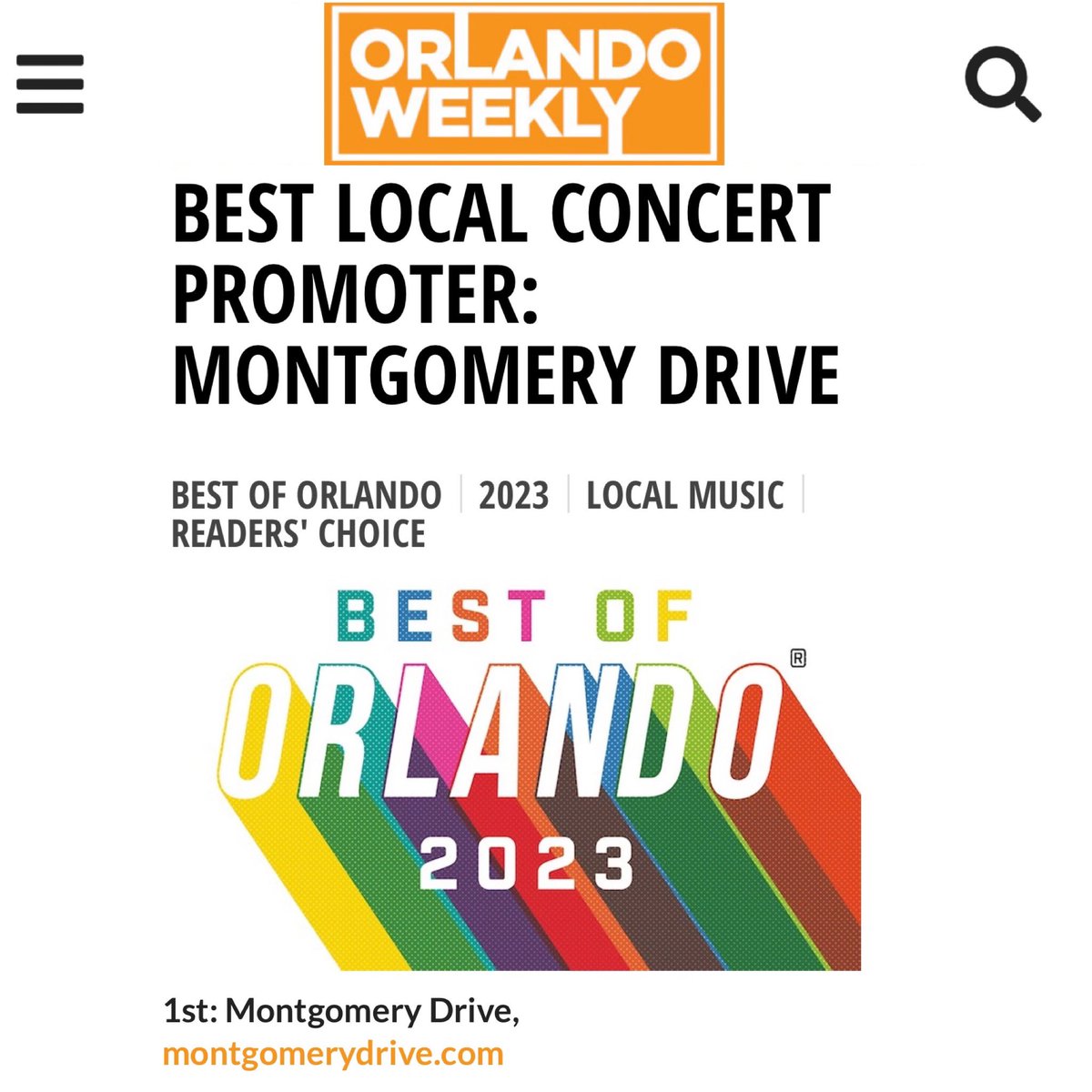 MontgomeryDrive's tweet photo. 2 Years in a row✌️TYSM Orlando.

This category didn’t exist until last year. 

To be voted into the top spot the first year + once again this year is humbling.

Grateful for the artists, venues, &amp; staff/crew we have the pleasure &amp; privilege of working with. THANK YOU <4 (heart+1) https://t.co/NXijVGDrZU