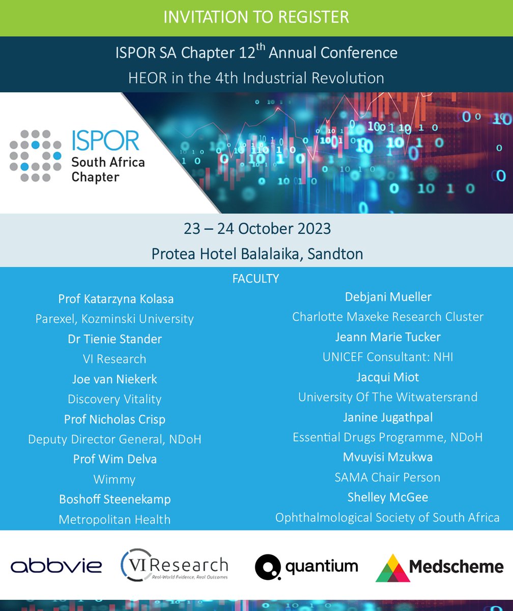 Invitation to register the ISPOR SA Chapter Conference 2023
Theme: HEOR in the 4th Industrial Revolution

Follow the link to register: form.jotform.com/231633229765561

Abstract Submission: form.jotform.com/231132084885557

#ispor #heor #healtheconomics #data