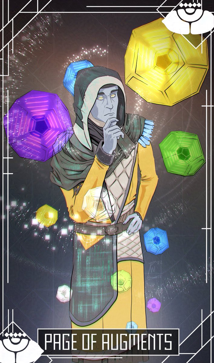 rivaldi22's tweet photo. As the new season reminds us, Destiny and Tarot is a natural fit. Last year, I participated in a massive effort to create a Destiny-themed deck, creating two cards &amp; a card back.

II: The High Priestess — Mara Sov &amp; Sjur Eido
Page of Augments (Wands) — Master Rahool

#Destiny2Art https://t.co/Lmg9ISC0MC