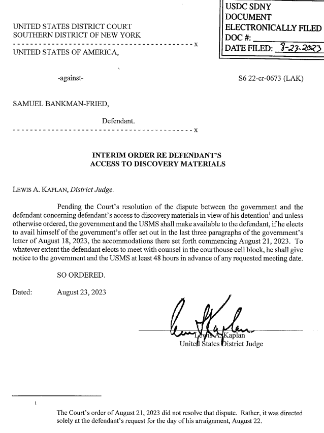 innercitypress's tweet photo. SPECIAL SAM: Looks like Bankman-Fried will be allowed to meet daily with his lawyers and laptop in the SDNY courthouse. This just-filed order refers to paragraphs from DOJ's Aug 18 letter where are fully redacted. #SecretSam https://t.co/nbm2BVlQqM