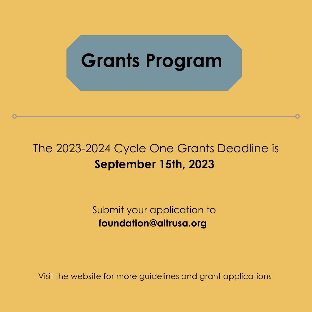 AltrusaFdnInc's tweet photo. Grants season is here! The deadline for 2023 Cycle One Grants is September 15, 2023. Please submit your applications via email to foundation@altrusa.org and visit the website for guidelines. https://t.co/CiC9P5twJs