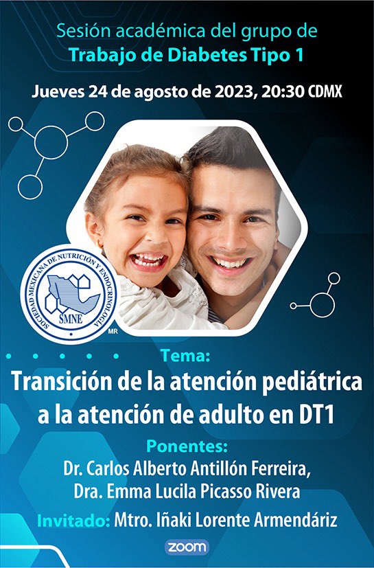 Mañana tendremos esta importante sesión organizada por <a href="/SMNE_Oficial/">Sociedad Mexicana de Nutrición y Endocrinología</a> con la participación de <a href="/InakiLorente/">Iñaki Lorente</a> (desde España), <a href="/PicassoEmma/">Emma Picasso</a> y un servidor. La transición a la edad adulta es todo un tema en personas con #diabetestipo1 

us06web.zoom.us/j/88296335716?…