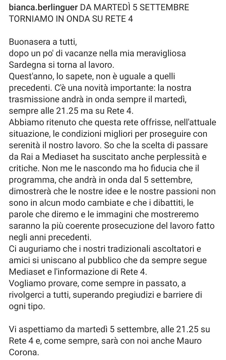 Non vedo l'ora! 
#BiancaBerlinguer #MauroCorona #Rete4