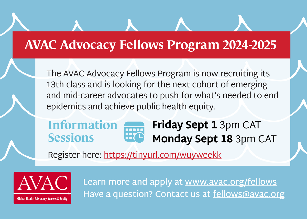 HIVpxresearch's tweet photo. Save the date! Applications are open for the 2024-2025 AVAC Advocacy Fellows Program and we're hosting two info-sessions (Sept. 1 and 18) to share details about the program and to answer any questions. Register here to reserve your space! https://t.co/e5wiKlDLw7  #AVACFellows https://t.co/zEnYNX6xuD